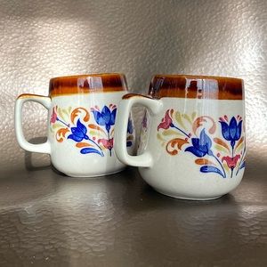 2 Blue Tulip Coffee Mugs Ceramic Cobalt Blue Brown Otagiri Stoneware